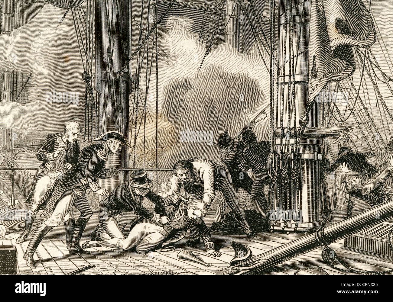 Horatio Nelson (1758-1805). British vice-ammiraglio. La morte di Nelson nella battaglia di Trafalgar, 1805. Incisione. Foto Stock