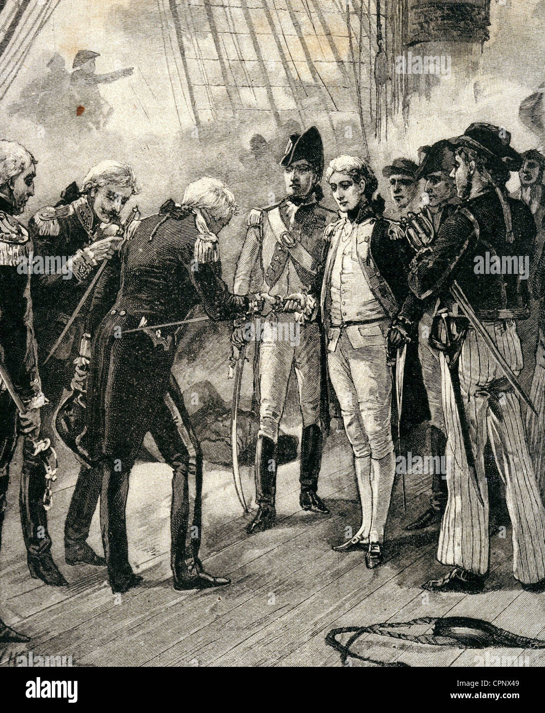Horatio Nelson (1758-1805). British vice-ammiraglio. Battaglia di Capo San Vincenzo. La consegna di spade di Nelson, 1797. Incisione. Foto Stock