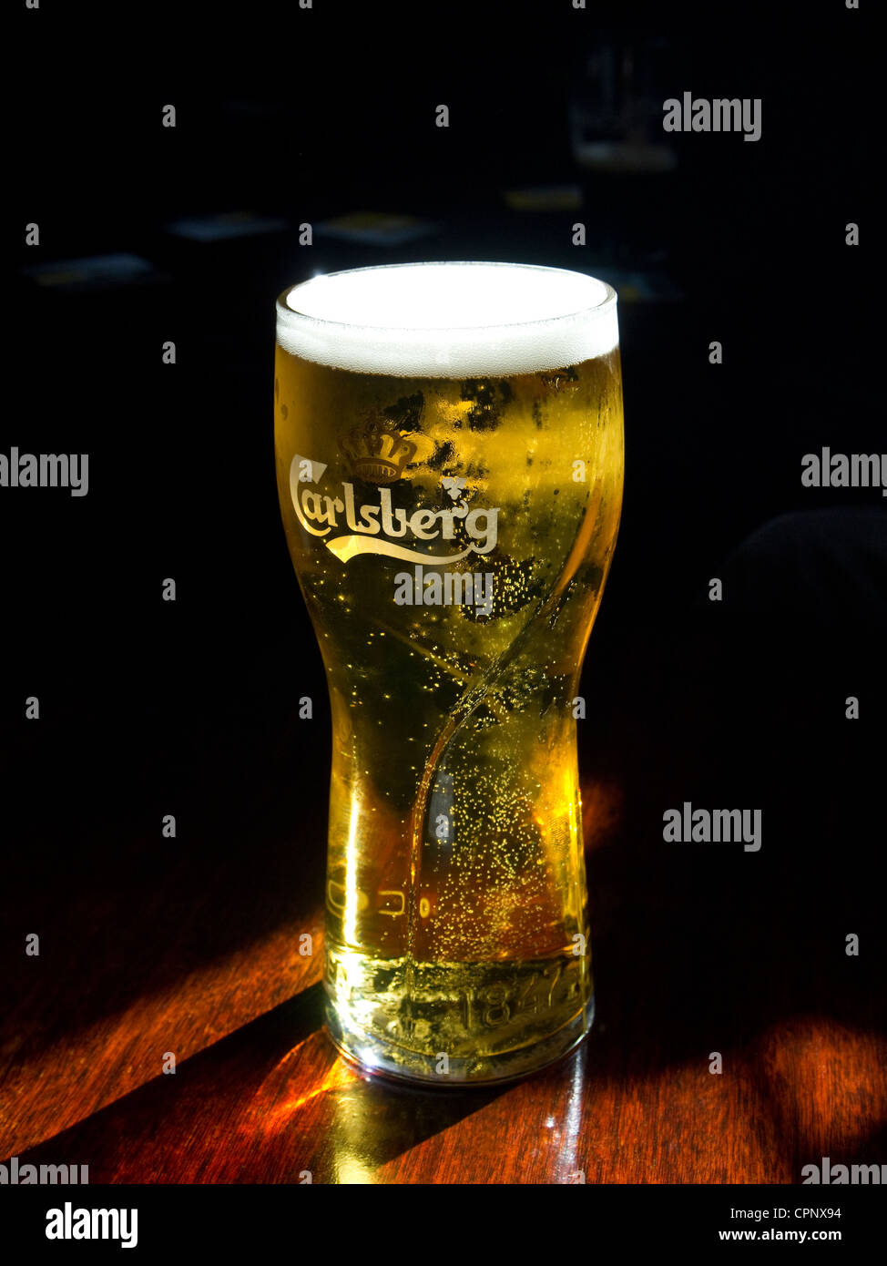 Birra - Una pinta piena di Carlsberg lager luccicante nella luce del sole Foto Stock