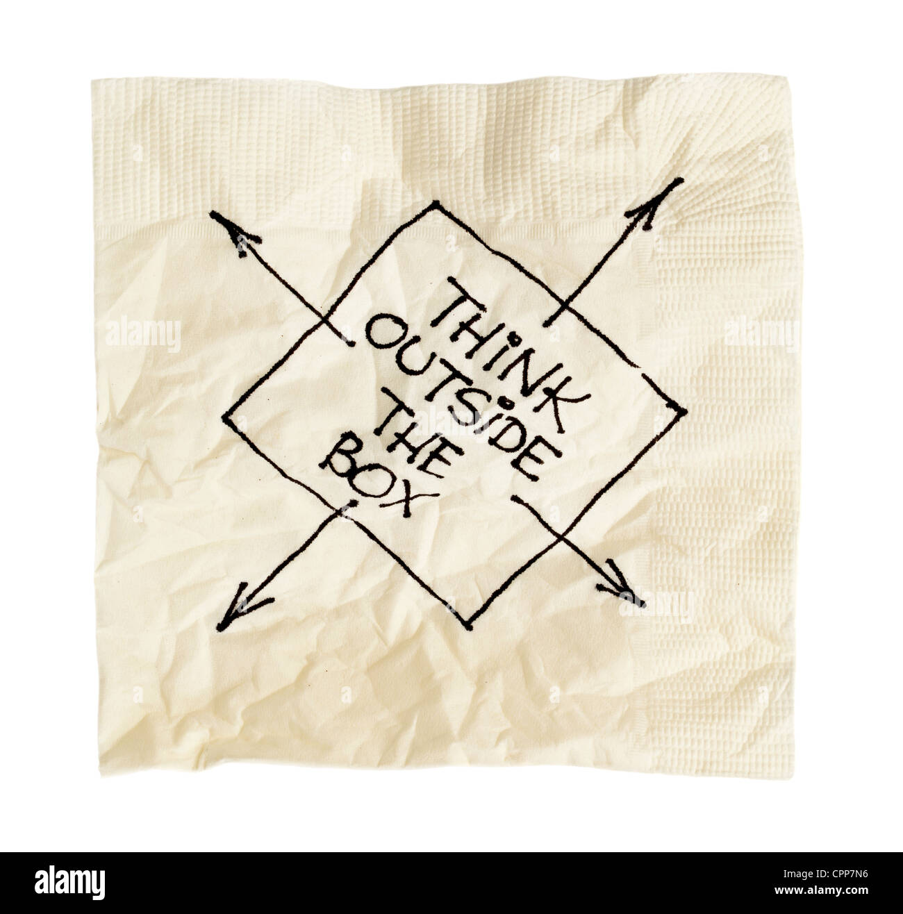 Pensare al di fuori della casella - Penna nera disegno isolato su un tovagliolo da cocktail Foto Stock