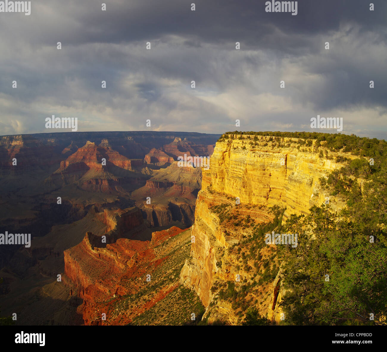 Vista del Grand Canyon passato Hopi Point con drammatica della luce della sera e nuvole temporalesche Foto Stock