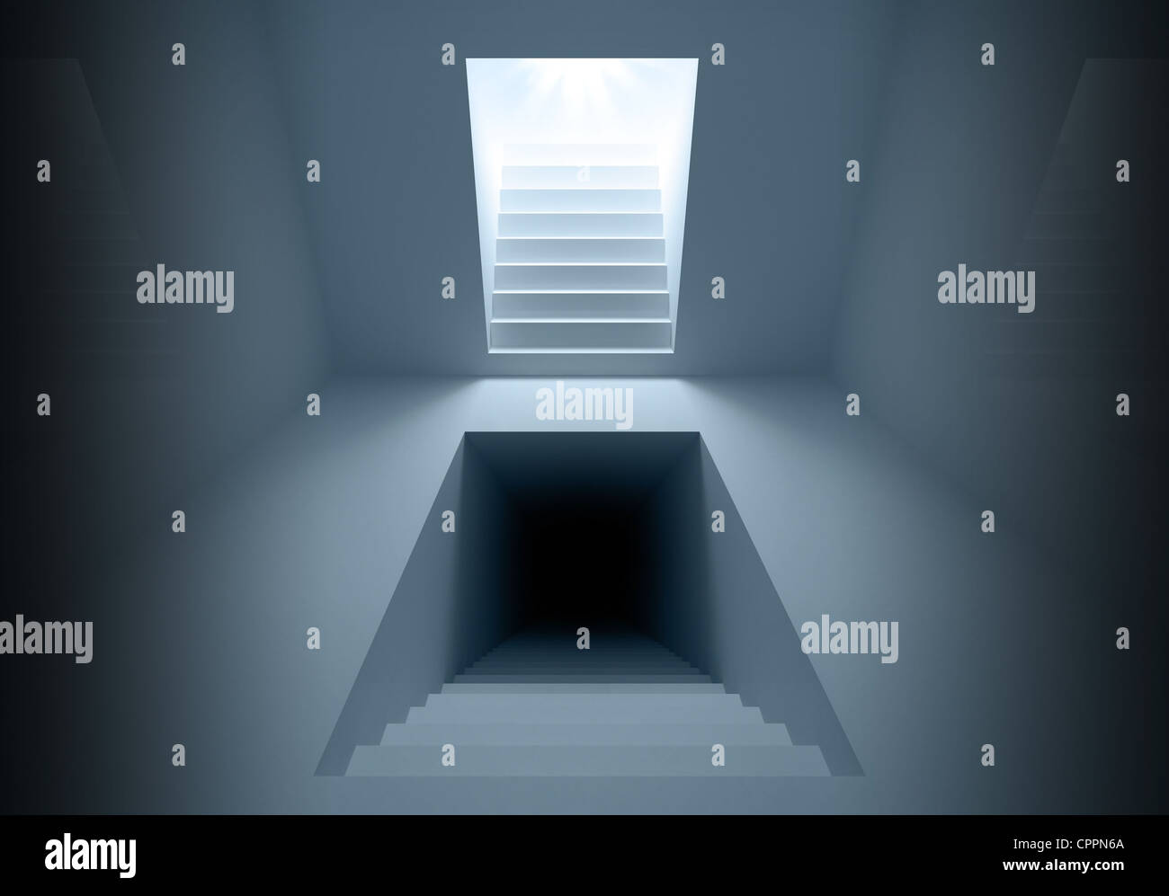 Blue abstract architettura interni con illuminazione e scala scura portali salendo verso la luce e verso il basso al buio Foto Stock