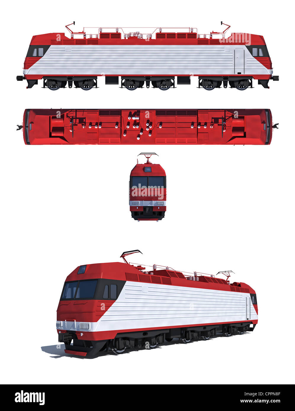 3D render illustrazione isolato su bianco: proiezioni e prospettica del moderno locomotore elettrico Foto Stock