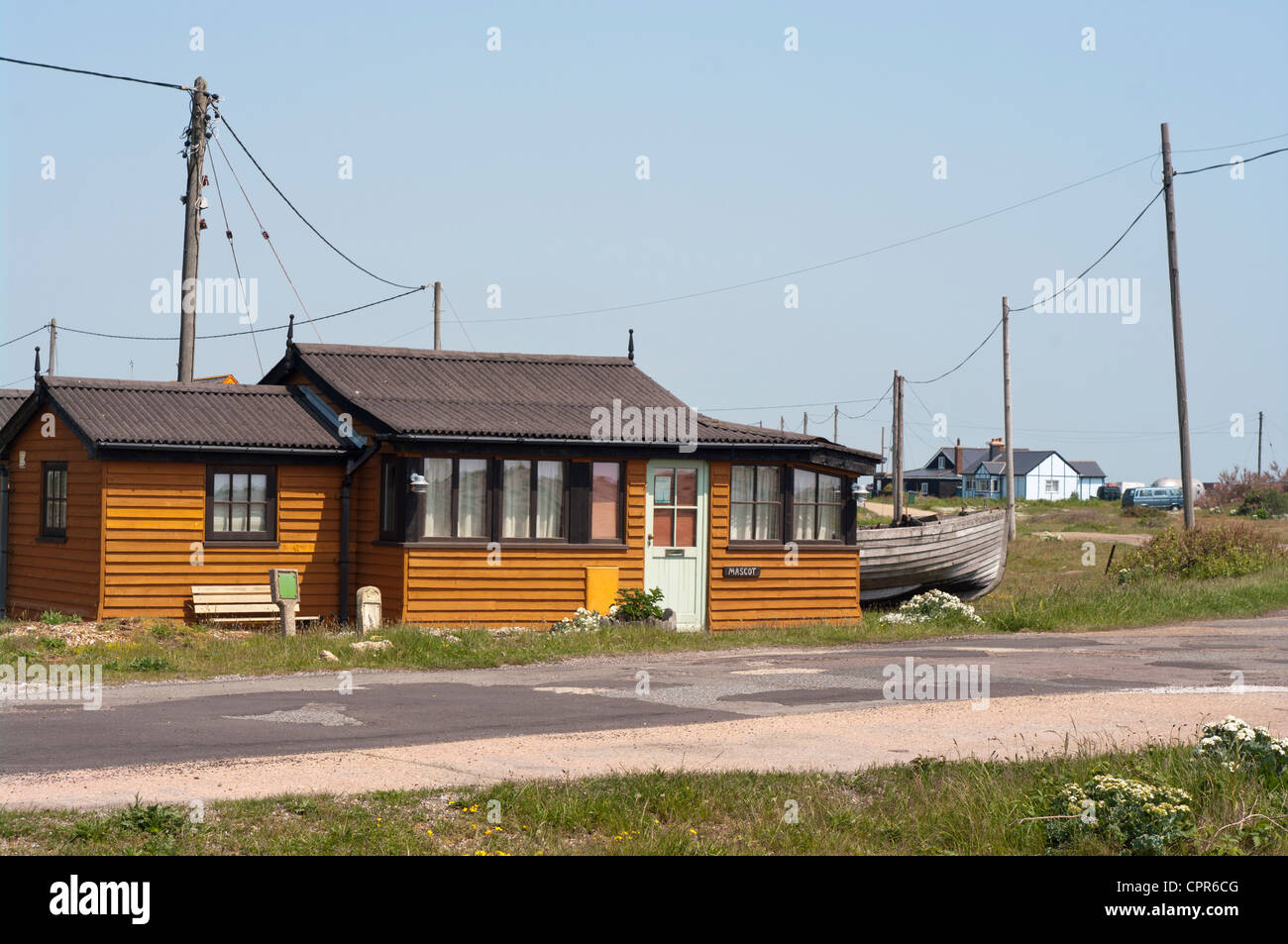 Il Mascot Cottage Dungeness Beach Kent Regno Unito staccato Cottages Case Chalets edifici baracche Bungalows Foto Stock