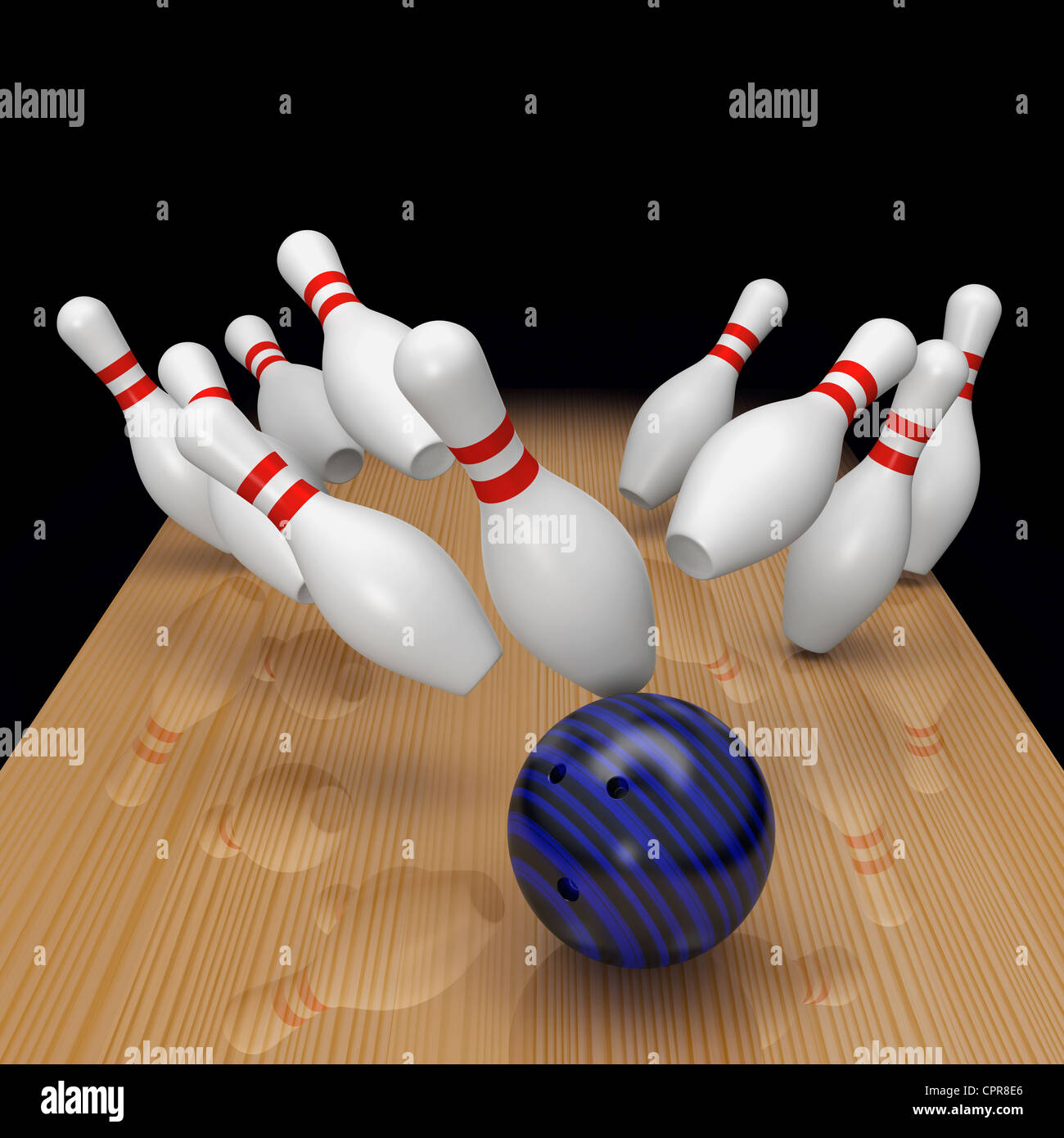 Bowling uno sciopero in azione con tutti i perni in aria dalla parte anteriore su sfondo nero Foto Stock