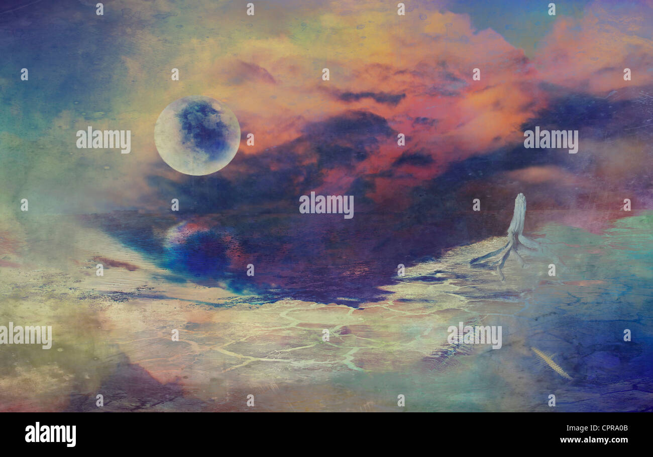 Colorato disegno digitale di un tetro romanzo di fantascienza paesaggio con una luna. Foto Stock