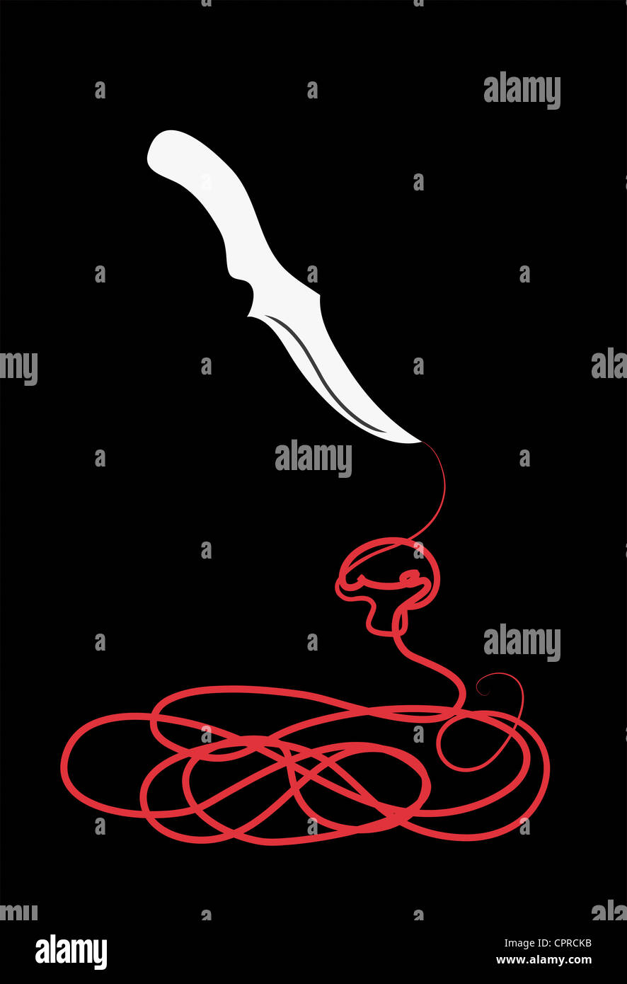 Il sangue proveniente da un coltello formando una forma del cranio. Foto Stock