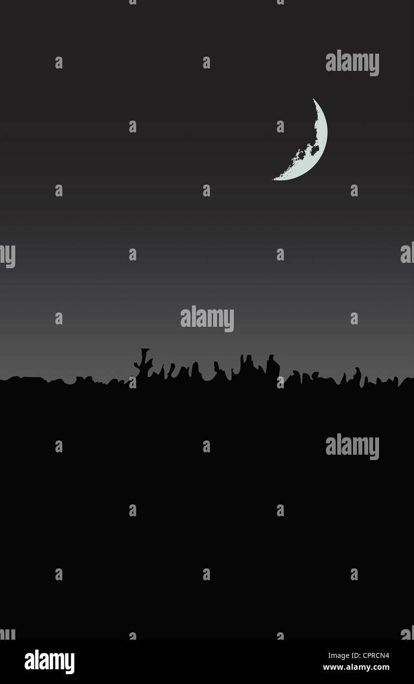 Notte con una mezzaluna su una silhouette di boschi. Foto Stock