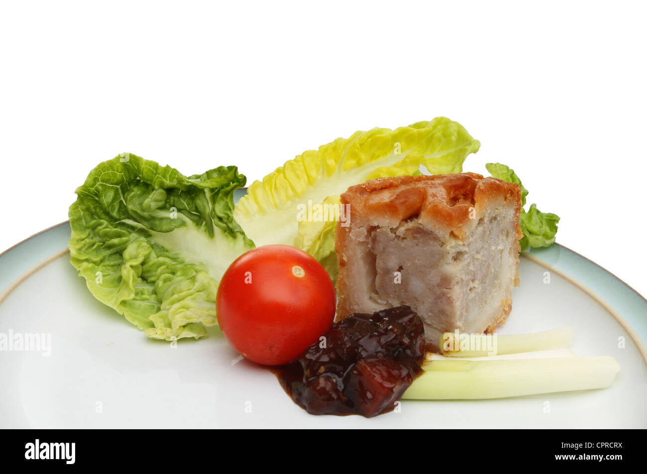 Primo piano di una porzione di pasticcio di maiale con insalata e sottaceto su una piastra Foto Stock