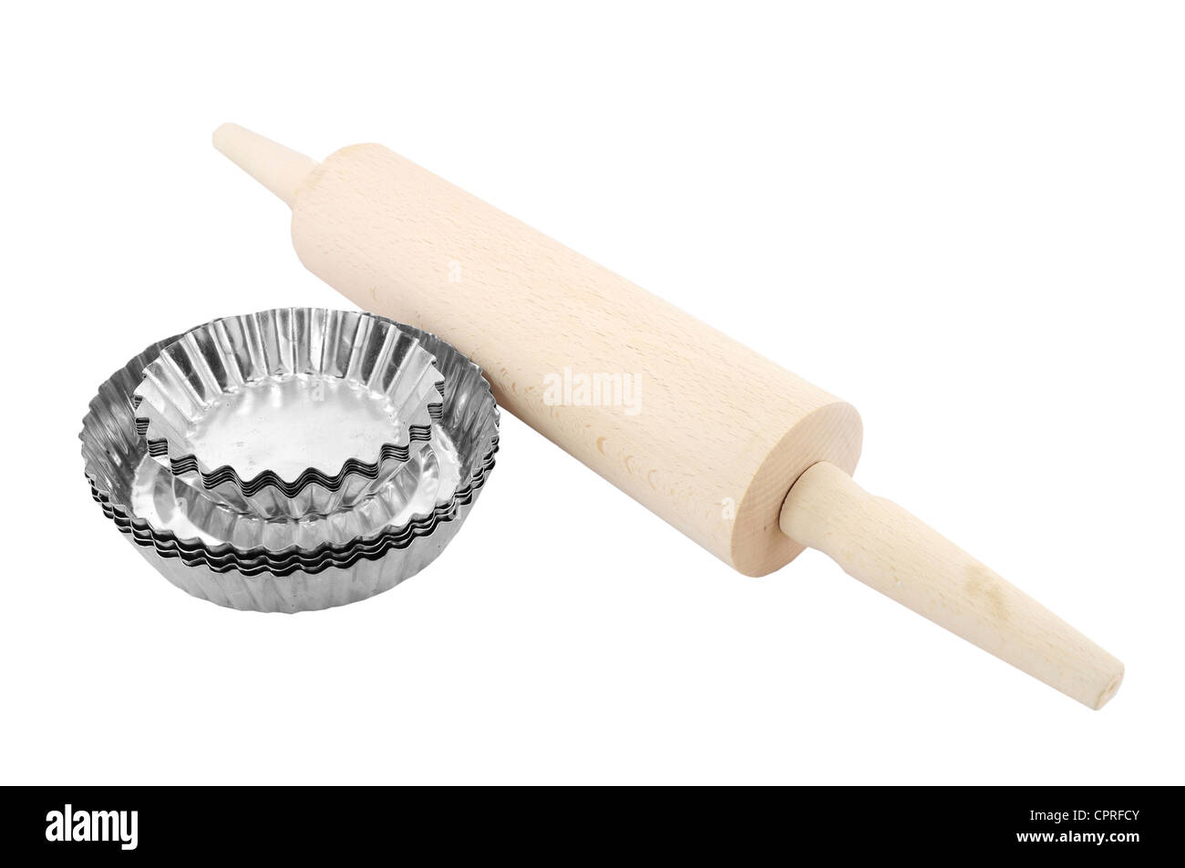 Perno di rotolamento e teglie isolato su bianco Foto Stock