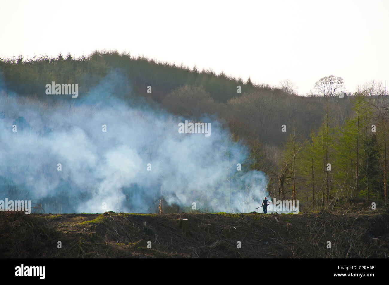 Un uomo è appena visibile contro il fumo degli incendi di bruciare la macchia e la vegetazione tagliata durante la cancellazione della zona di terra. Foto Stock