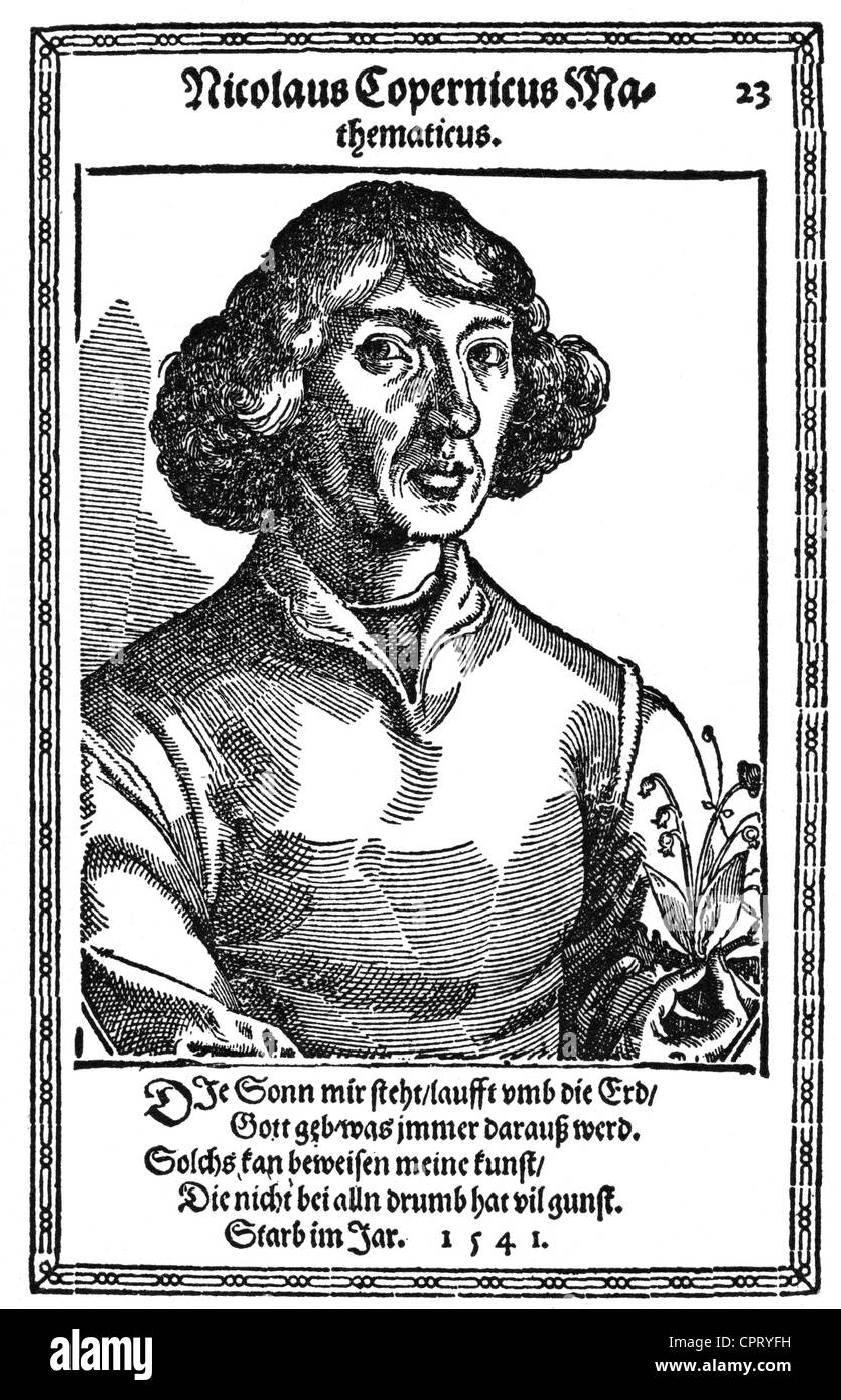 Kopernicus, Nicolaus, 19.2.1473 - 24.5.1543, tedesco - astronomo Polacco, ritratto, incisione su rame, "ICONES" da Nicolaus Reusner, 1590, artista del diritto d'autore non deve essere cancellata Foto Stock
