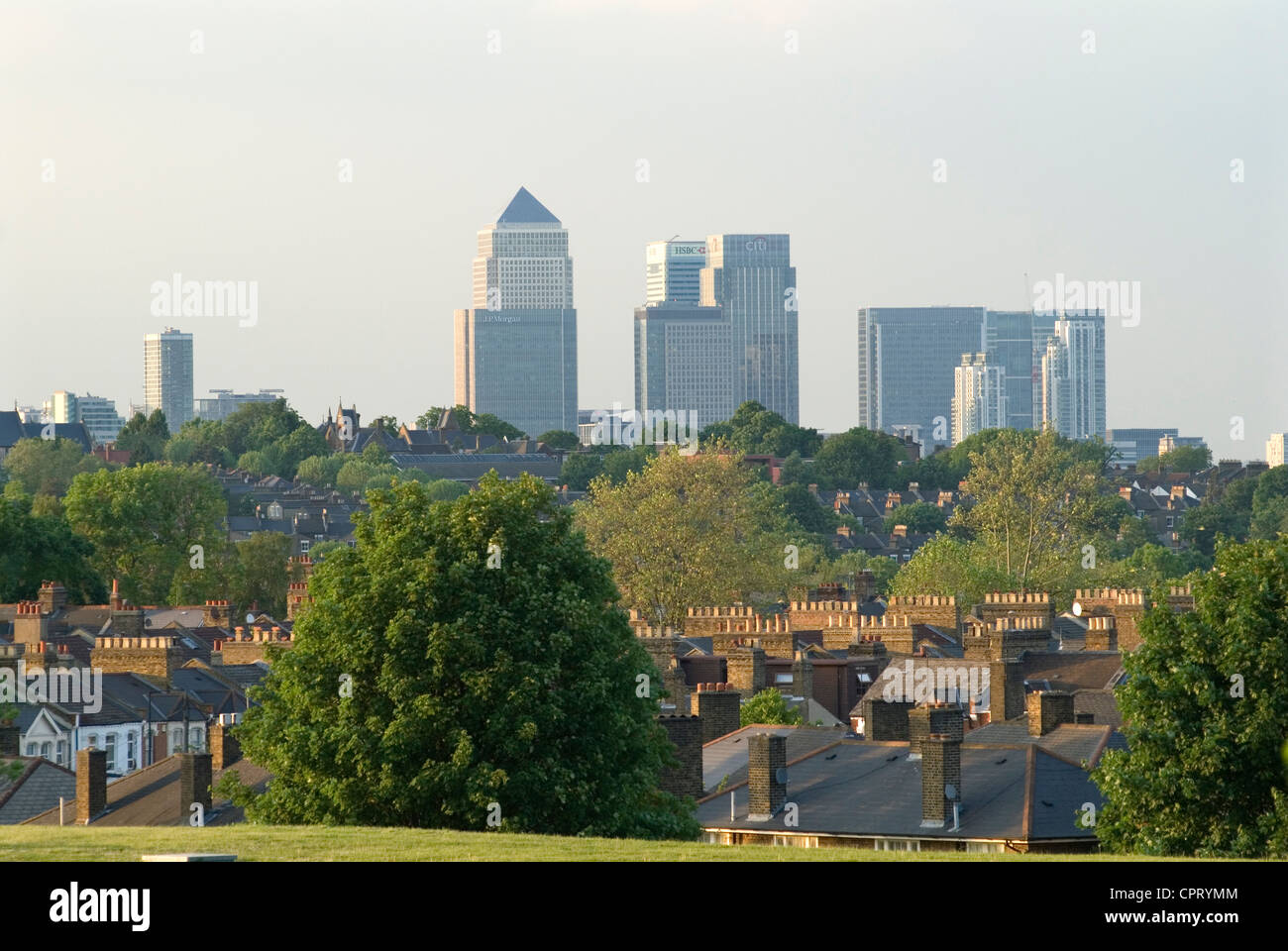 Green London, guardando verso la Canada Tower a Canary Wharf in lontananza, lo skyline della City di Londra dalla periferia sud-est di Londra, case, blocchi di alberi in primo piano. 2010 2010 UK HOMER SYKES Foto Stock