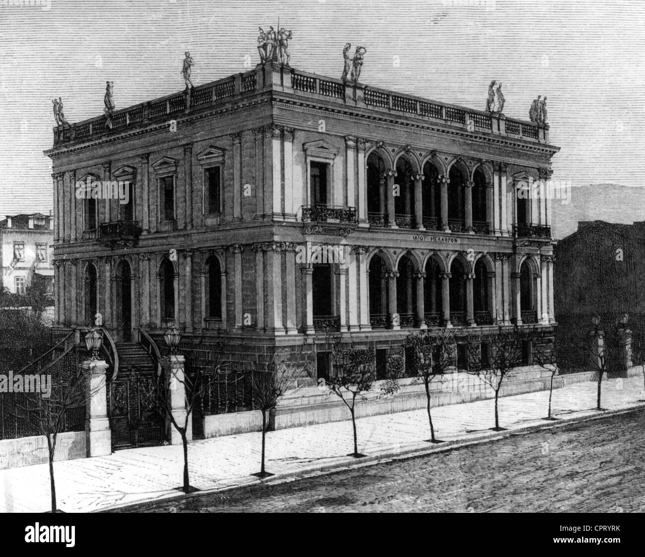 Schliemann, Heinrich, 6.1.1822 - 26.12.1890, archeologo tedesco, la sua casa ad Atene, sulla base di fotografia, incisione del legno, 1891, Foto Stock