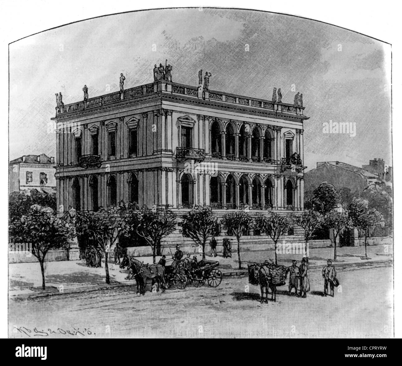 Schliemann, Heinrich, 6.1.1822 - 26.12.1890, archeologo tedesco, la sua casa ad Atene, incisione in legno, 19th secolo, Foto Stock