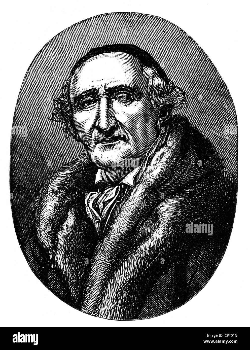 Schadow Johann Gottfried, 20.5.1764 - 27.1.1850, scultore tedesco e artista grafico, ritratto, incisione su legno dopo la verniciatura da Julius Huebner, 1822, artista del diritto d'autore non deve essere cancellata Foto Stock