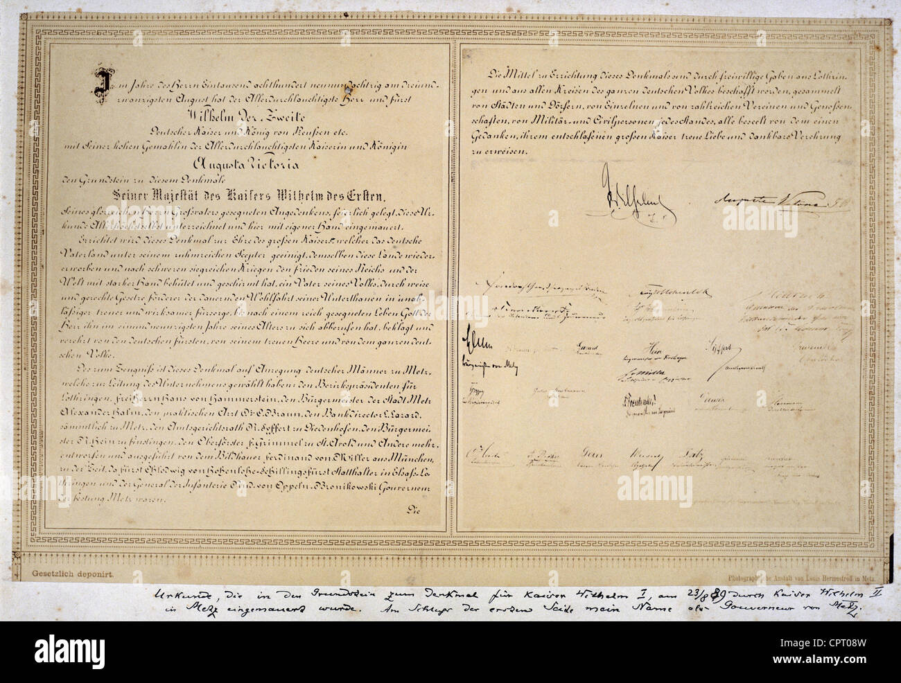 Wilhelm II, 27.1.1859 - 4.6.1941, imperatore tedesco 1888 - 1918, documento di posa della prima pietra del monumento dell'imperatore Guglielmo i a Metz, 23.8.1889, Foto Stock