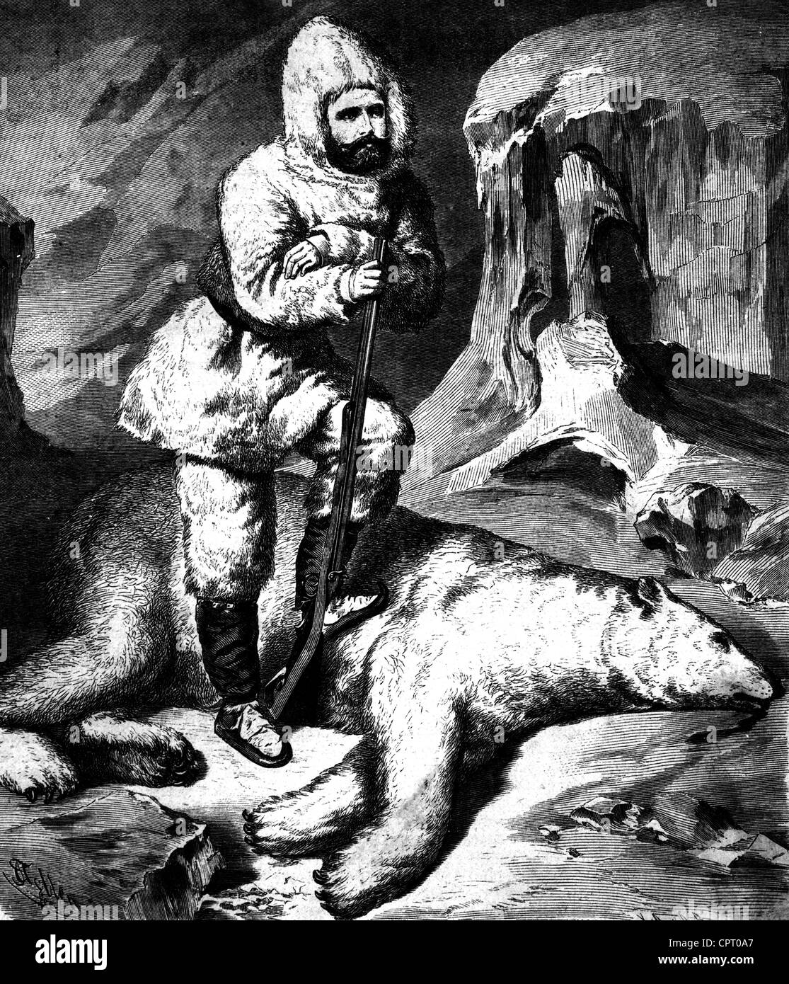 Pagatore, Julius, 1.9.1842 - 30.8.1915, esploratore austriaco, a lunghezza intera, con orso polare sparato, basato sulla fotografia, incisione in legno di Albert Toller, 19th secolo, Foto Stock