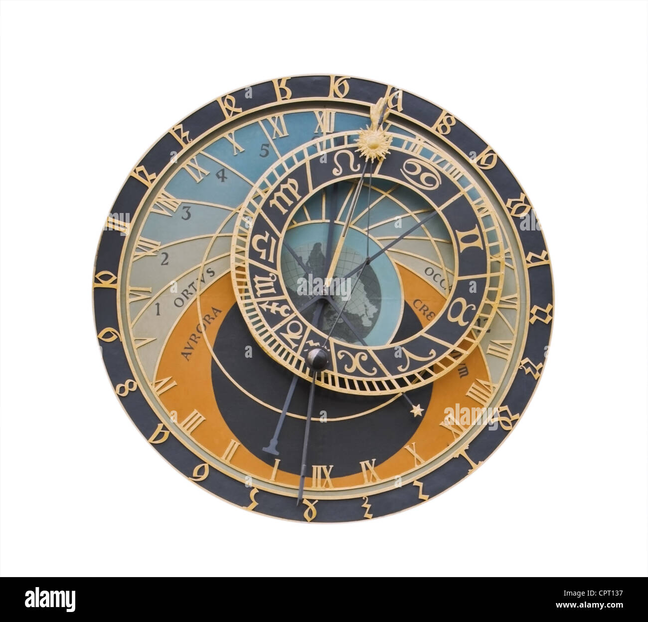 Orologio Astronomico di Praga isolata contro uno sfondo bianco.Il percorso di clipping è incluso nel file. Foto Stock