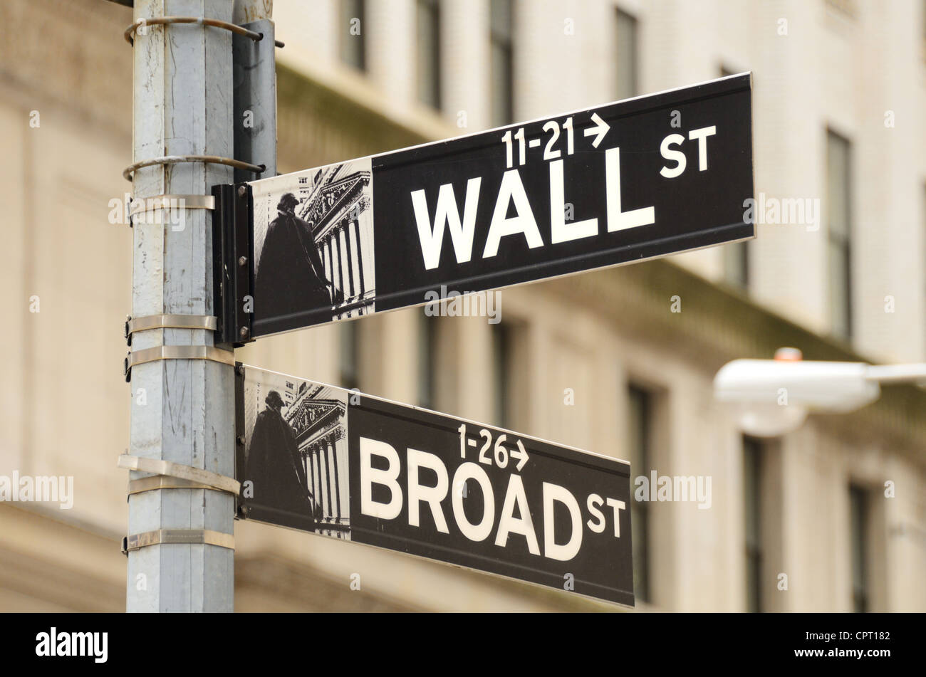 Un cartello stradale per Wall Street e Broad Street, nel cuore del quartiere finanziario di New York City. Foto Stock