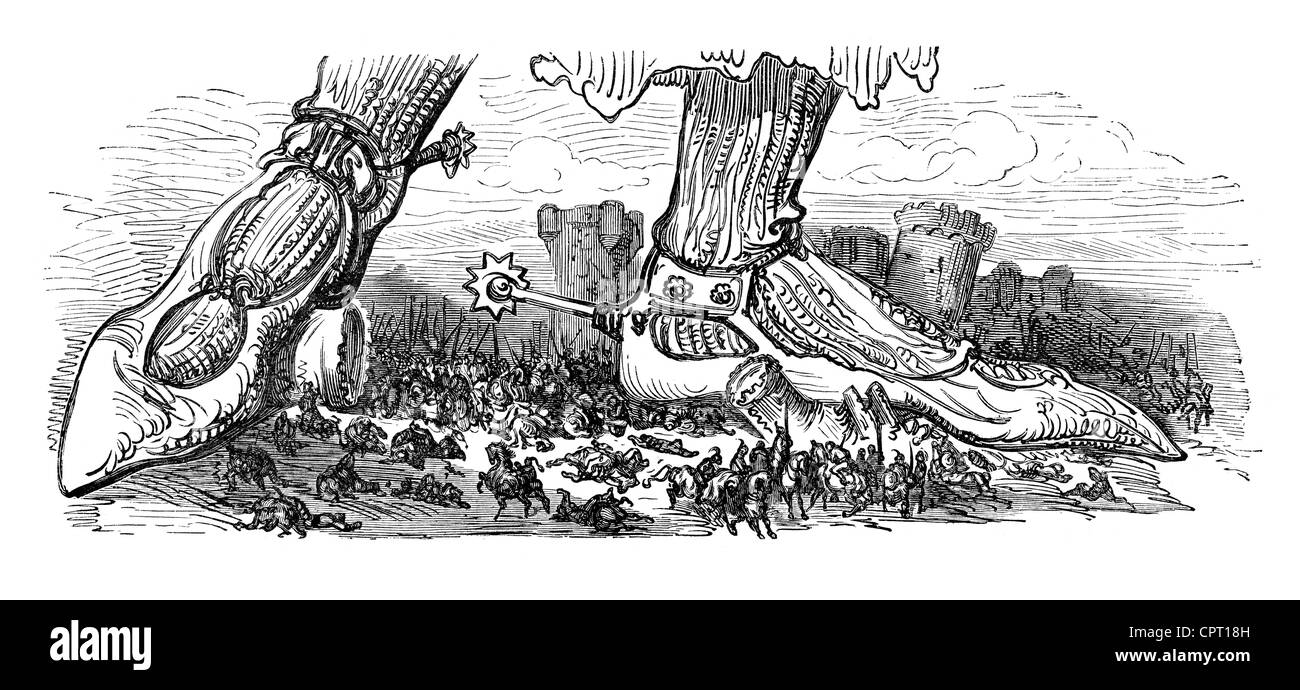 Sulle orme dei giganti - Illustrazione dalla leggenda Croquemitaine da Gustave Doré Foto Stock