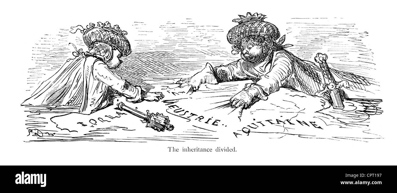 Carlo Magno e Carloman sostengono oltre la loro eredità - Illustrazione dalla leggenda Croquemitaine da Gustave Doré Foto Stock