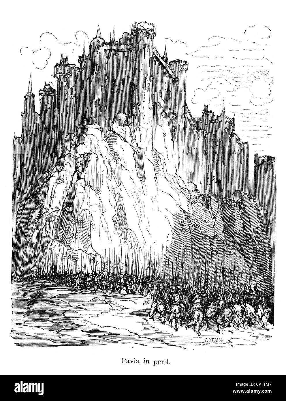 Pavia in pericolo. Illustrazione da la leggenda di Croquemitaine da Gustave Doré Foto Stock