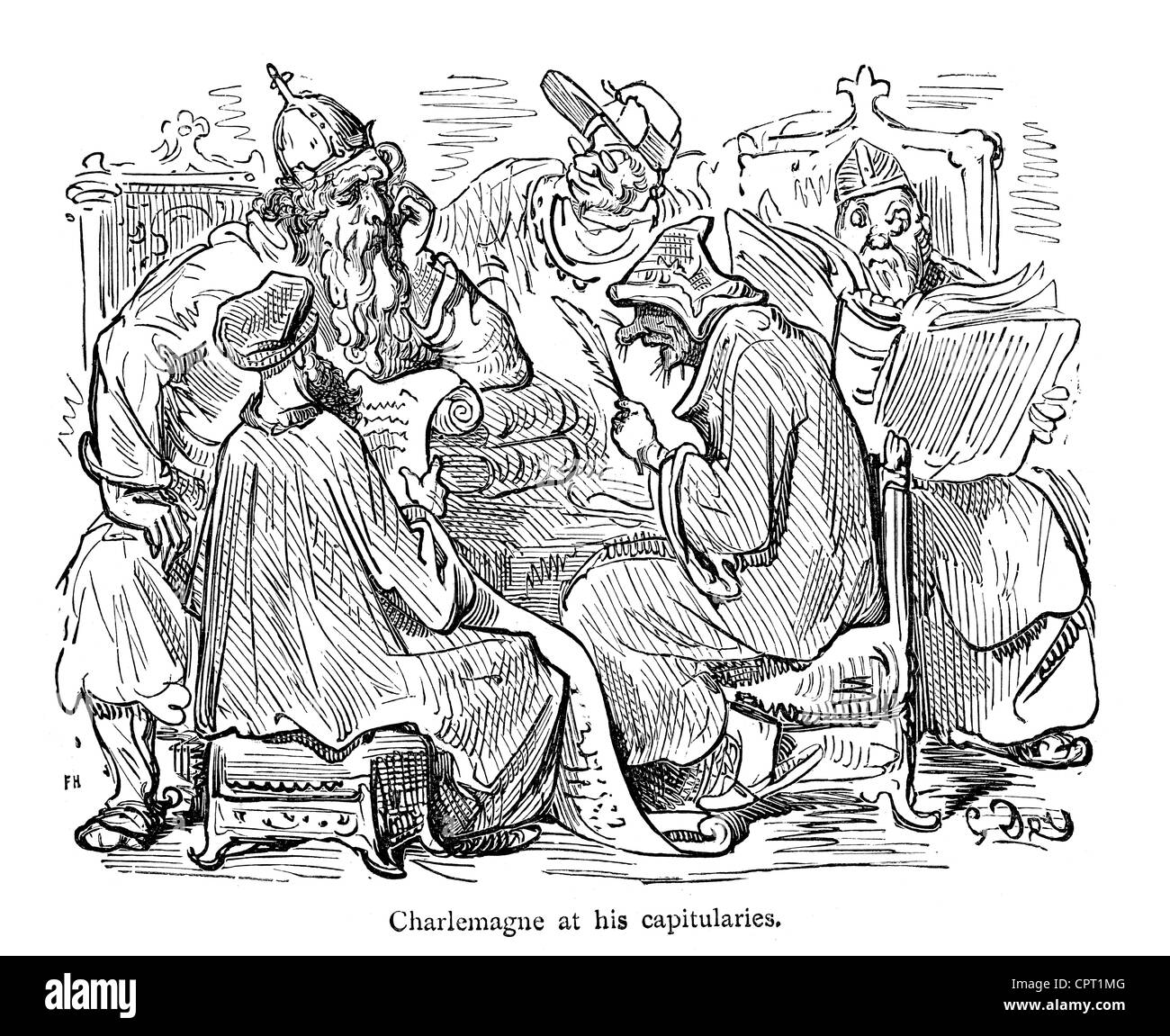 Carlo Magno nel suo capitolari. Illustrazione da la leggenda di Croquemitaine da Gustave Doré Foto Stock
