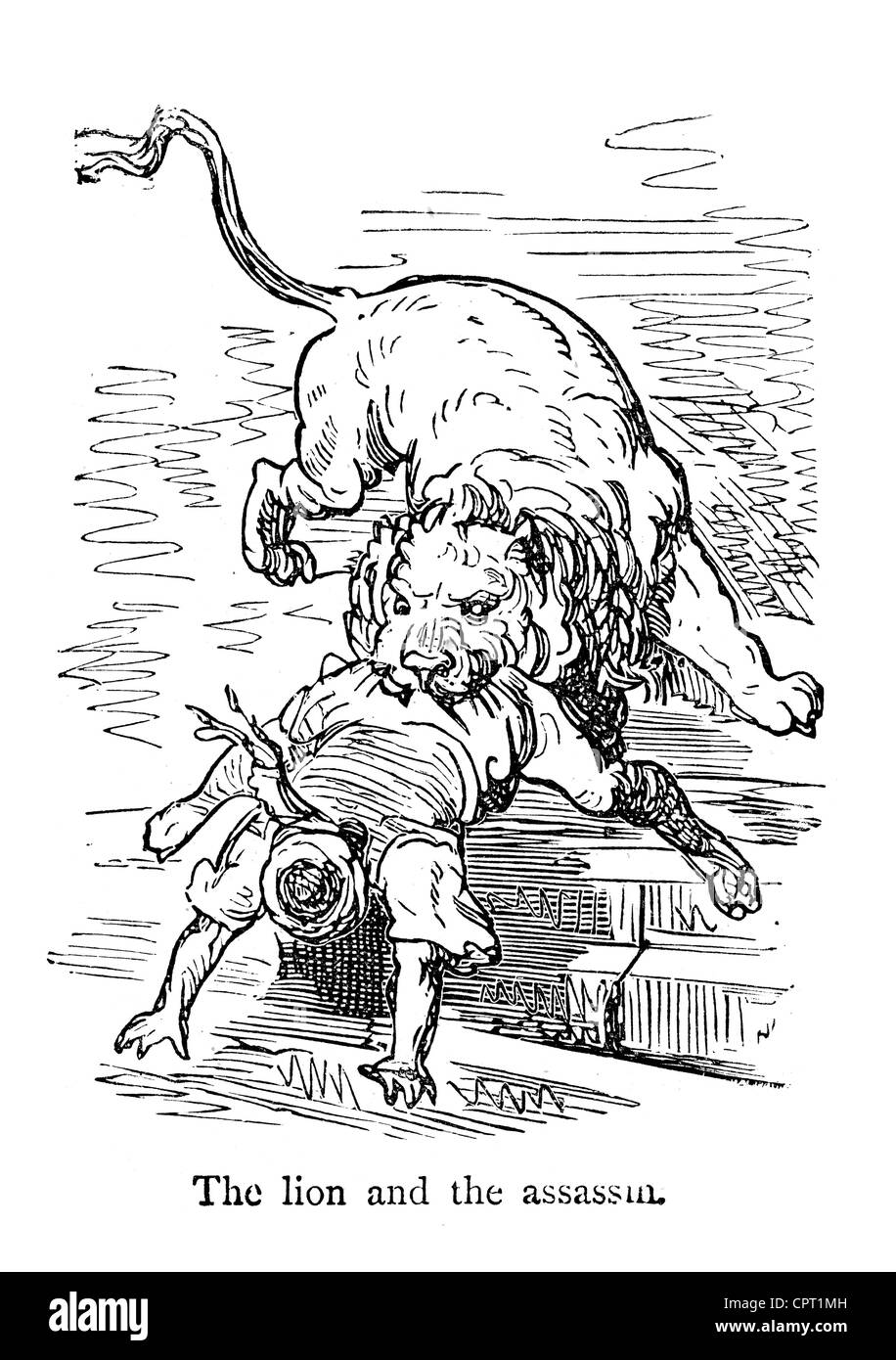 Lion e l'assassino. Illustrazione da la leggenda di Croquemitaine da Gustave Doré Foto Stock