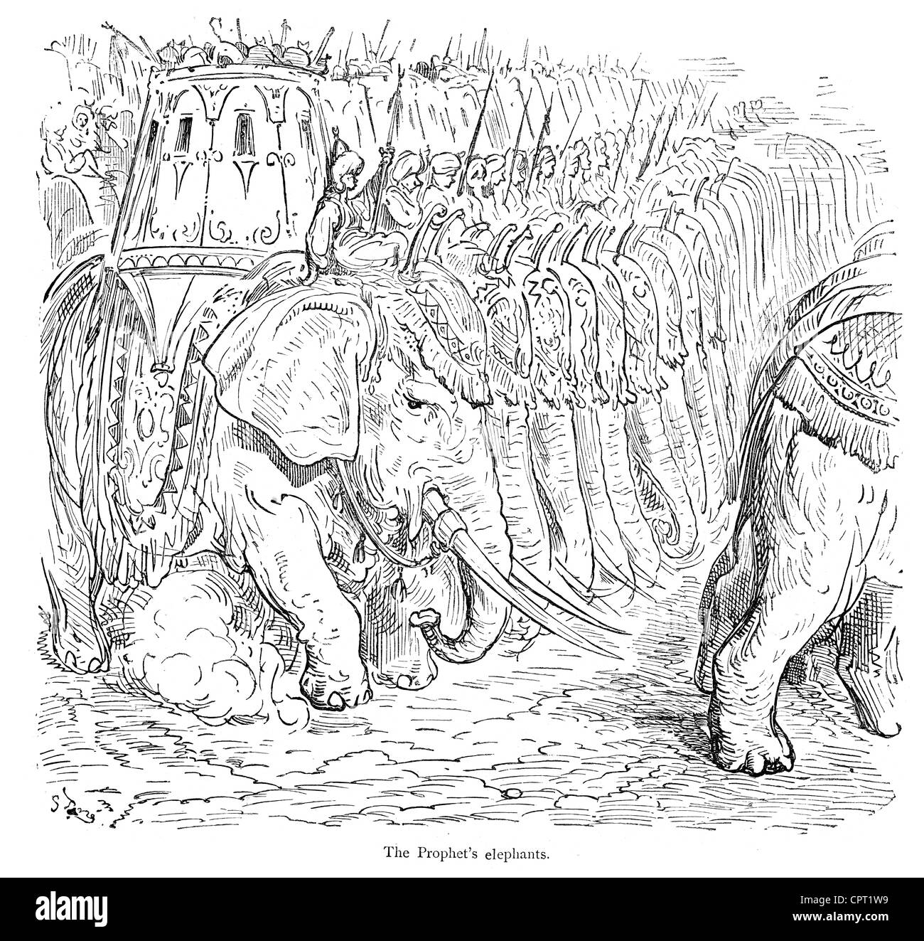 Il profeta gli elefanti. Illustrazione da la leggenda di Croquemitaine da Gustave Doré Foto Stock