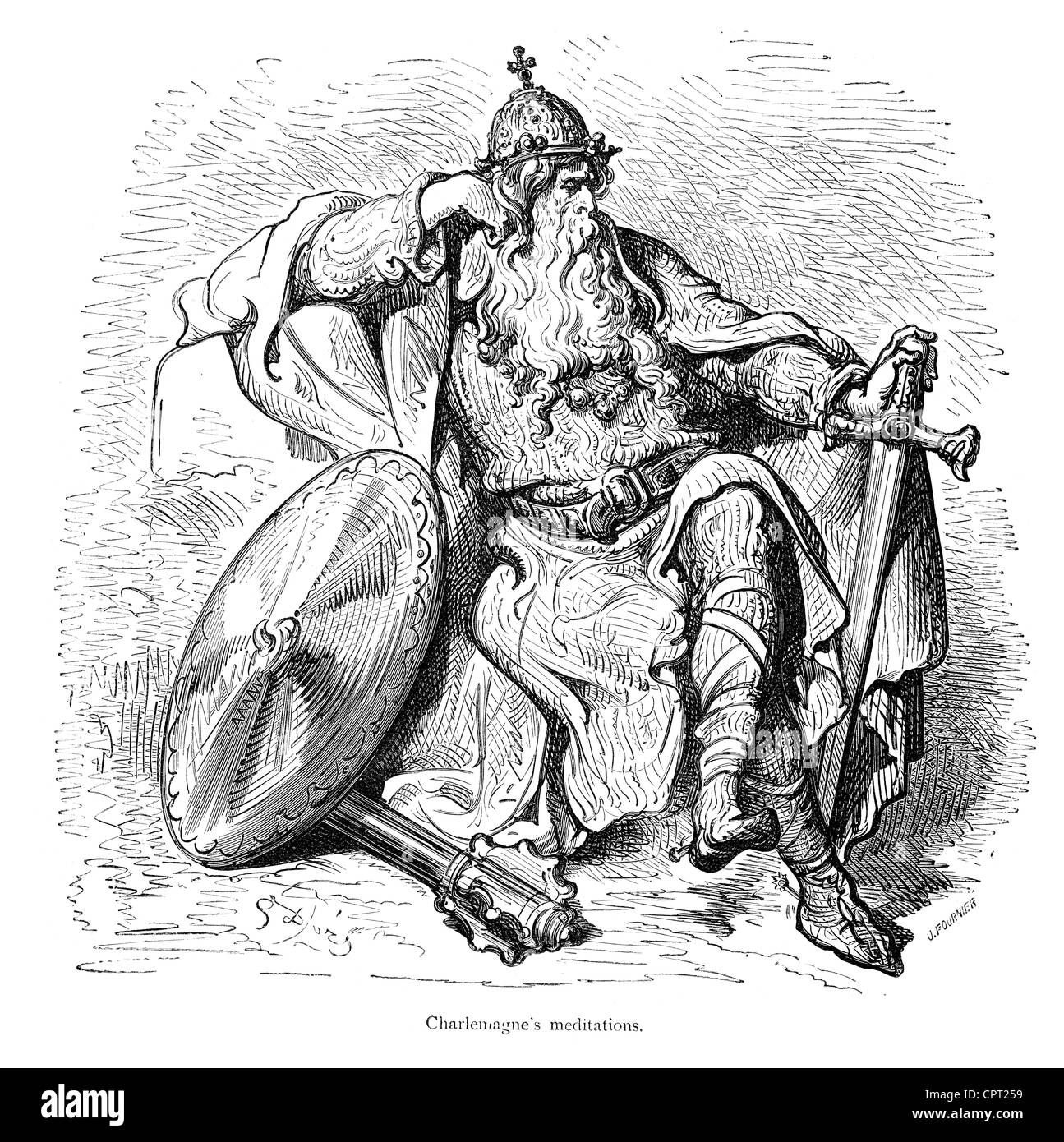 Carlo Magno meditazioni. Illustrazione da la leggenda di Croquemitaine da Gustave Doré Foto Stock