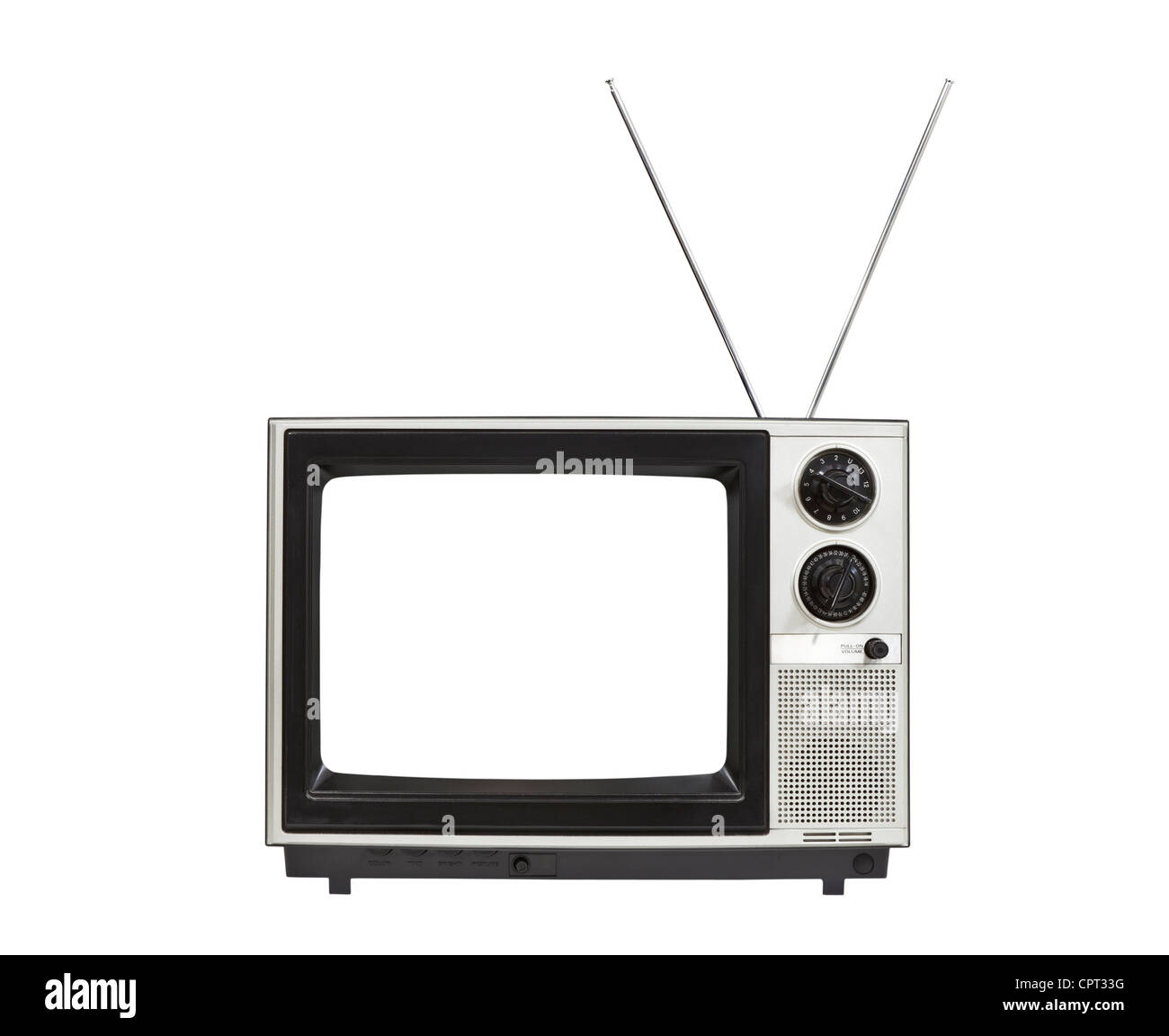 Schermo vuoto portatile televisione vintage con le antenne verso l'alto. Isolato su bianco. Foto Stock