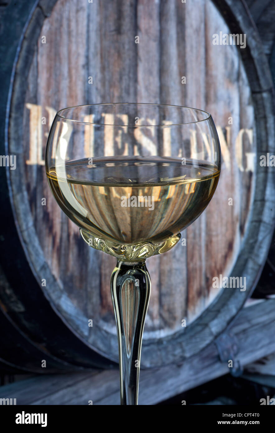 Vino Riesling bicchiere da degustazione in cantina situazione con " Riesling " etichettato oak botte di vino dietro Foto Stock