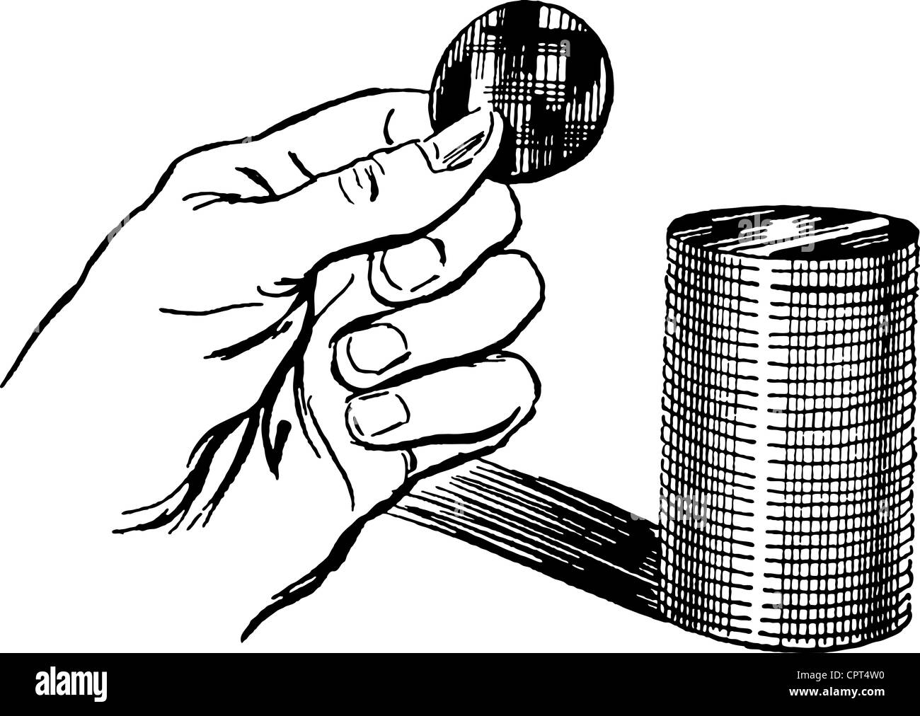 Una mano che tiene una moneta con una pila di monete dietro Foto Stock