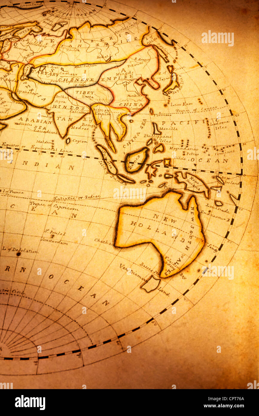 Una parte della vecchia mappa del mondo, mostrando Oceano Indiano e in Australia. Messa a fuoco sia in Australia. Mappa è dal 1811 ed è al di fuori del diritto d'autore. Foto Stock