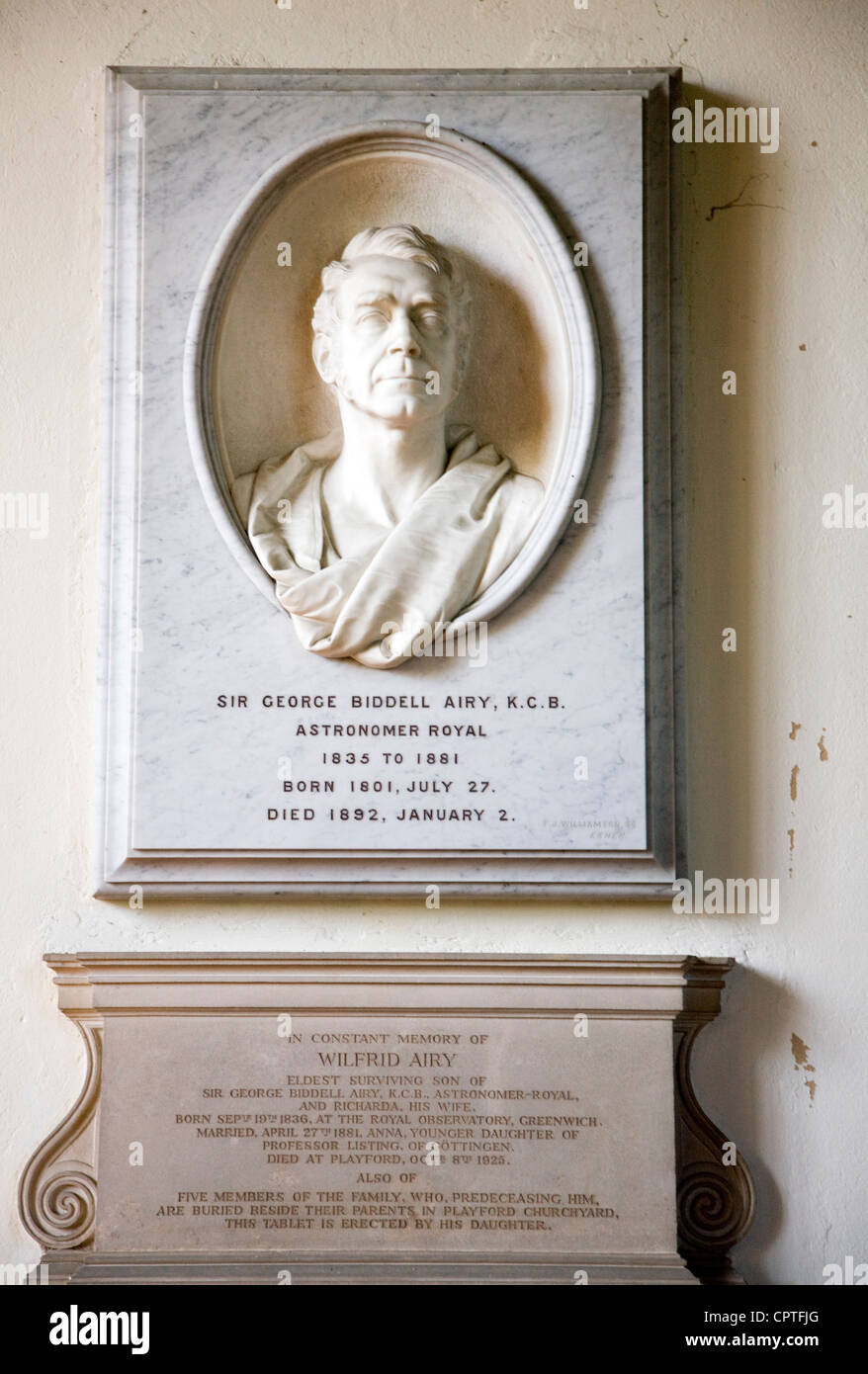 Memorial Sir George Biddell ariosa astronomo reale, Playford chiesa, Suffolk, Inghilterra Foto Stock