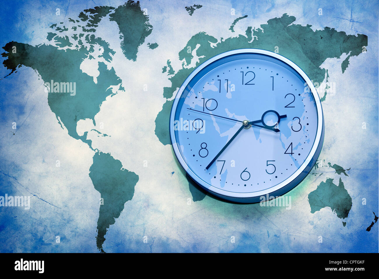 Abstract background aziendale. mappa del mondo con orologio da parete Foto  stock - Alamy