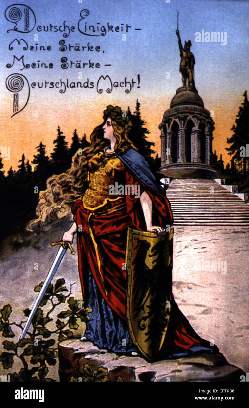 Germania, personificazione della nazione tedesca, di fronte alla Hermannsdenkmal vicino Detmold, Foresta di Teutoburg, cartolina con disegno di Arthur Thiele, 1929, Foto Stock