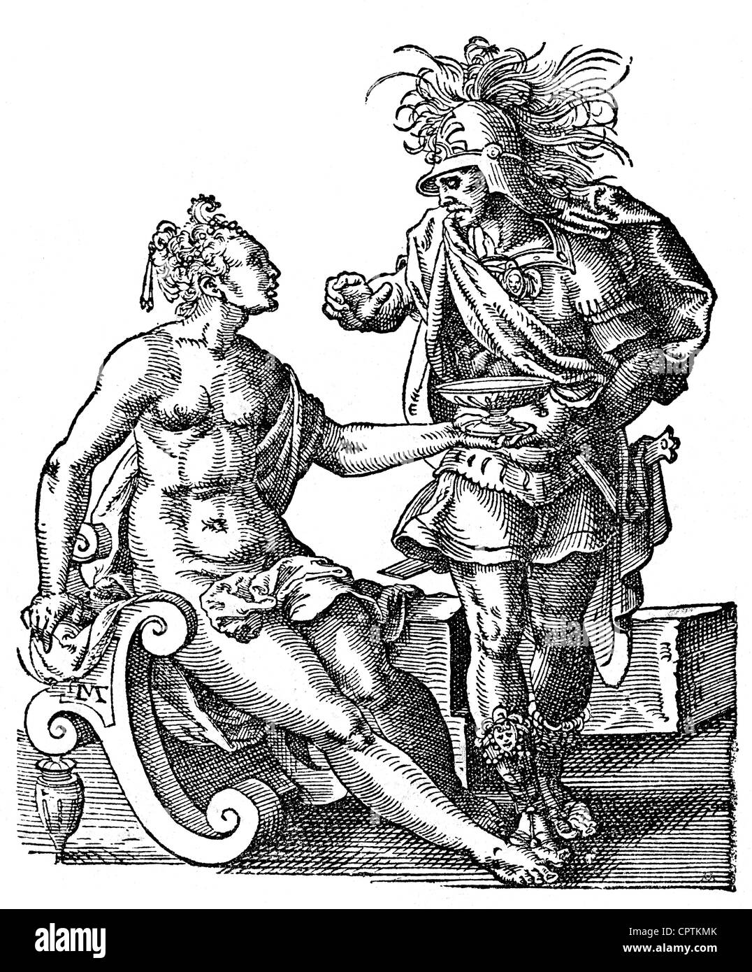 Odysseus (Ulisse), Greco figura leggendaria a piena lunghezza e con Circe, incisione su rame, circa seicento, artista del diritto d'autore non deve essere cancellata Foto Stock