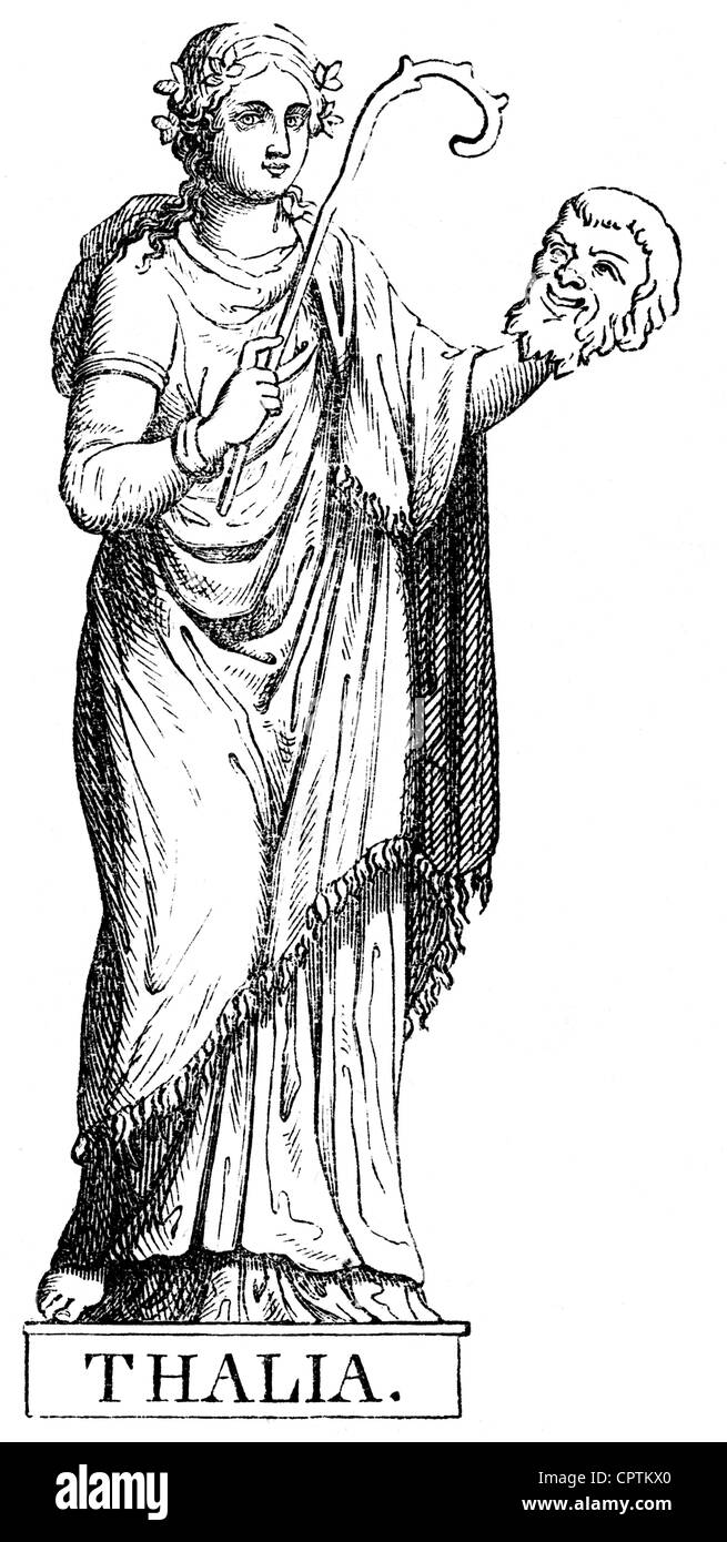 Muse, protettori delle belle arti della mitologia greca, Thalia, musa sulla commedia e poesia idilliaca, incisione in legno, 19th secolo, Foto Stock