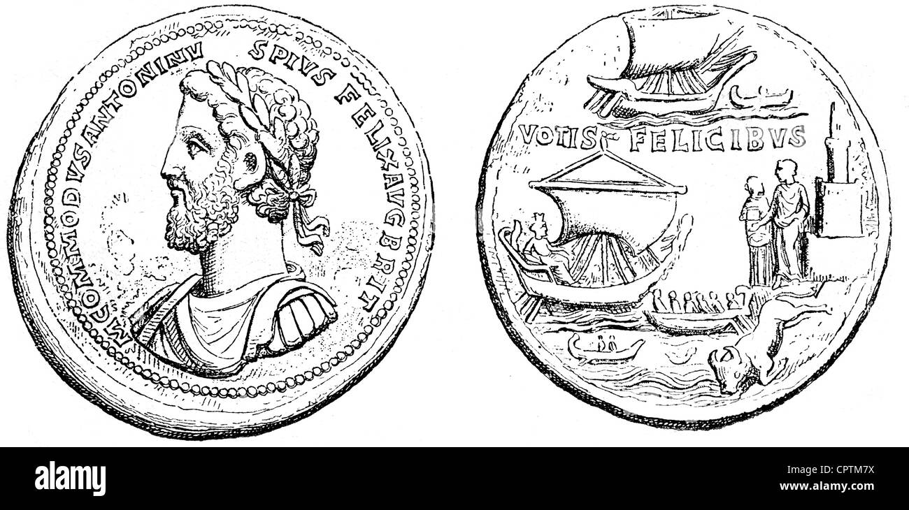 Commodus, Lucius Aelius Aurelius, 31.8.161 - 31.12.192, imperatore romano 17.3.180 - 31.12.192, ritratto, exergue, circa 185, fronte e retro, incisione in legno, 19th secolo, Foto Stock
