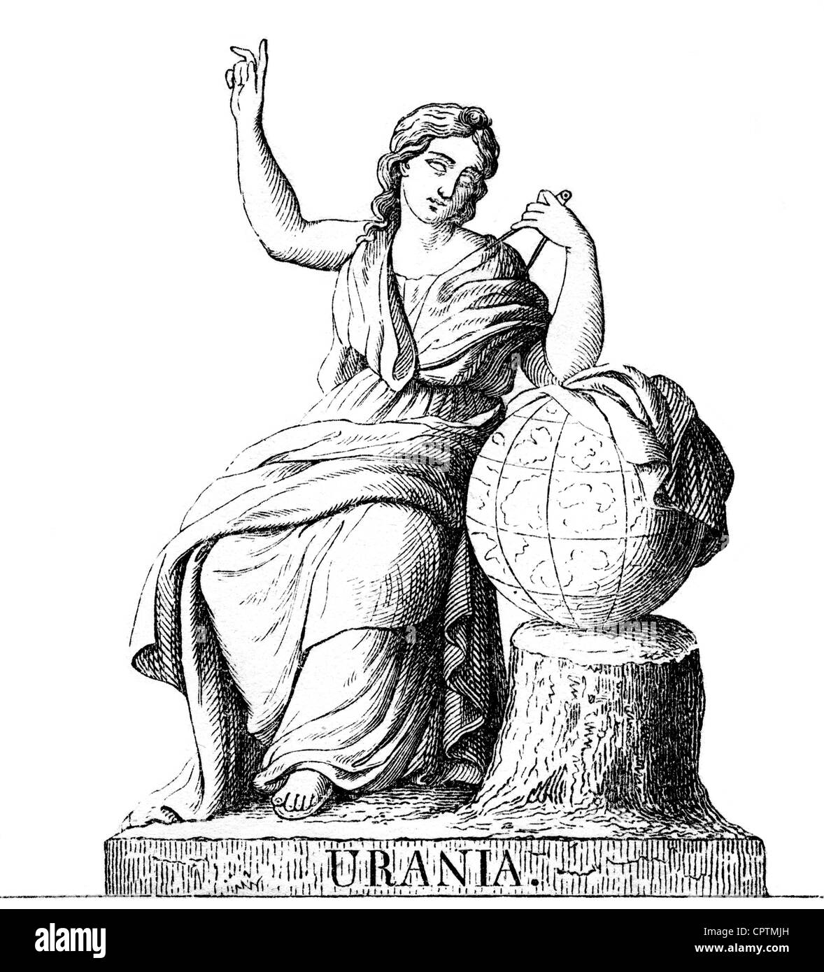 Muse, protettori delle belle arti nella mitologia greca, Urania, Musa dell'astronomia, incisione del legno, 19th secolo, Foto Stock