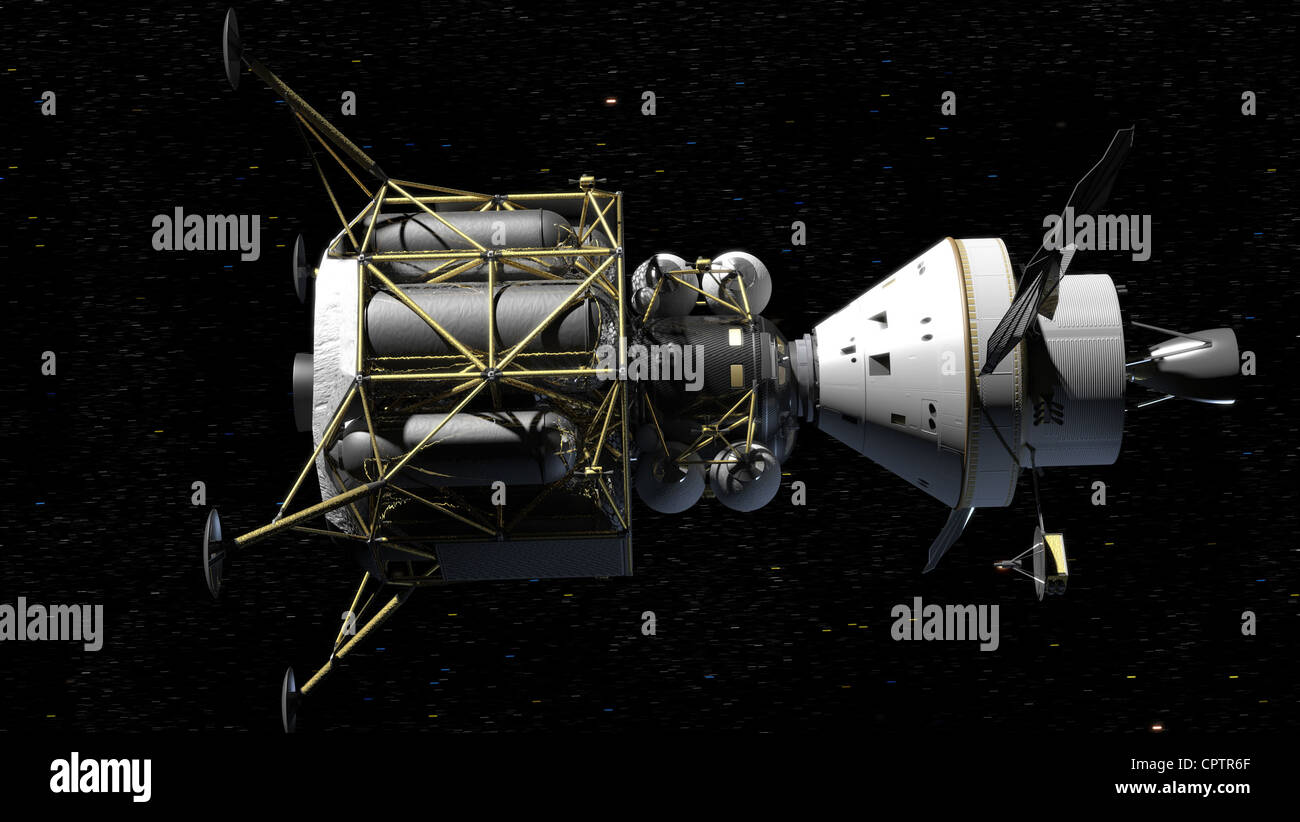 Orion (destra) vola nello spazio mentre è inserito con un atterraggio lunare in questo NASA rendering di artisti Foto Stock