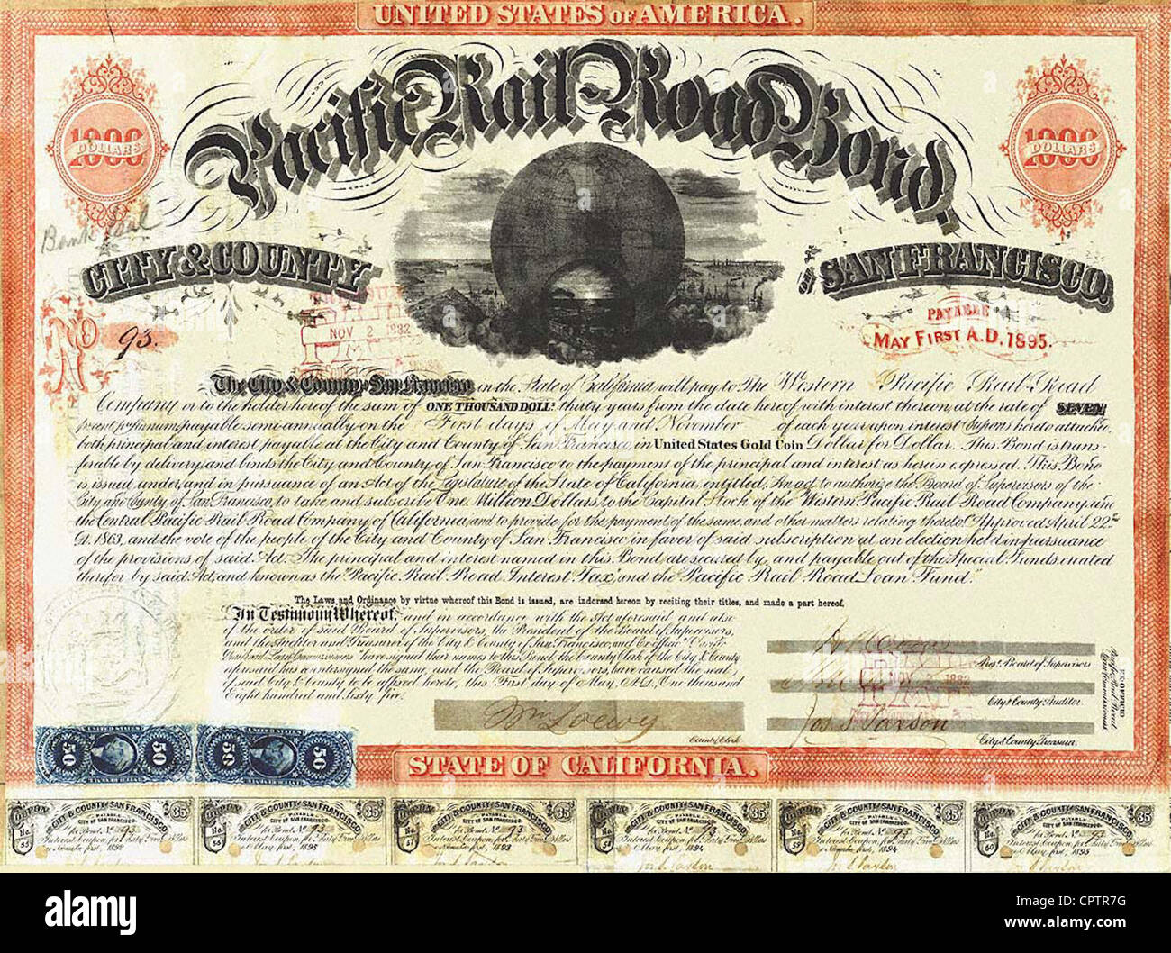 Pacific Rail Road Bond $1000 (n. 93) rilasciato dalla città e contea di San Francisco (1865) Foto Stock