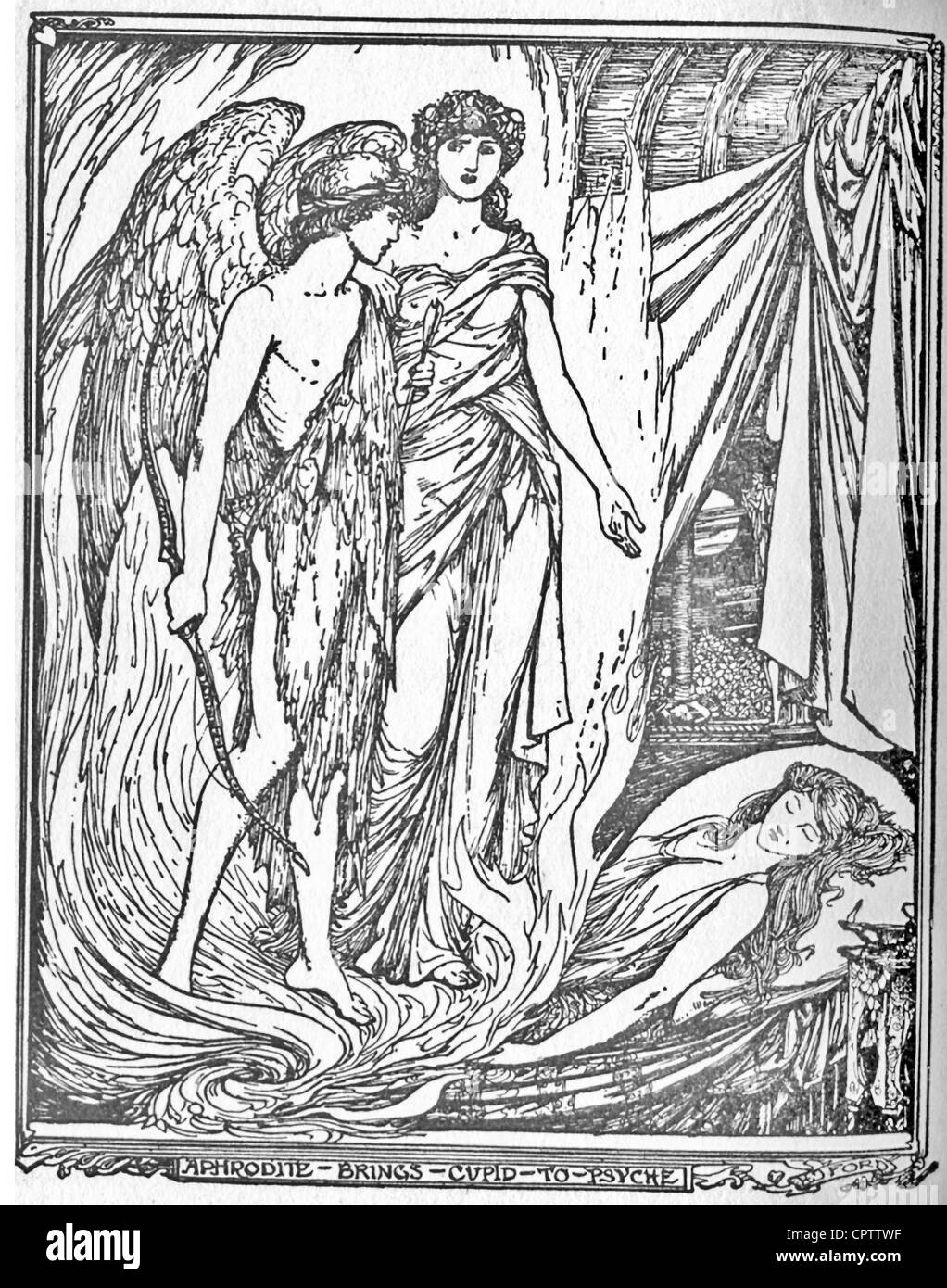 Cupido segue Aphrodite il comando per "sparare" psiche, ma egli scheggiature se stesso con la freccia e cade per la psiche. Foto Stock