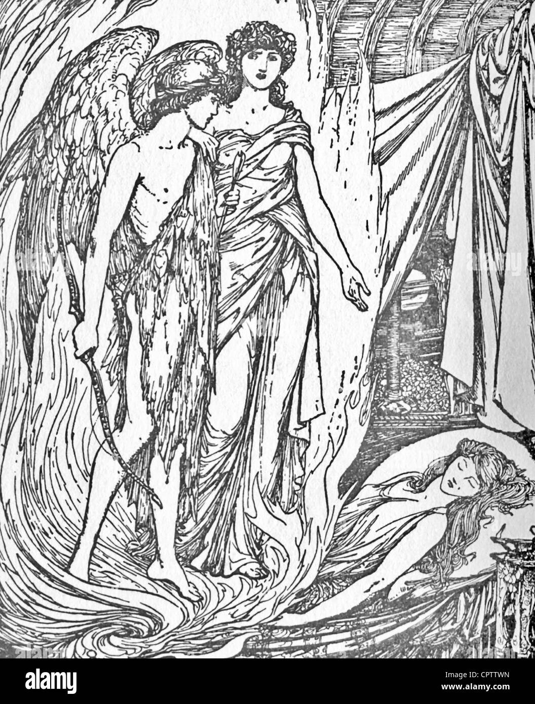 Cupido segue Aphrodite il comando per "sparare" psiche, ma egli scheggiature se stesso con la freccia e cade per la psiche. Foto Stock