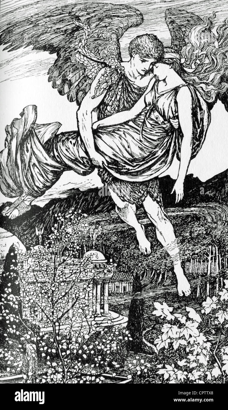 Il dio del vento zefiro prende psiche dalla cima dove Cupido è venuto a visitarla per vedere la sua famiglia. Foto Stock
