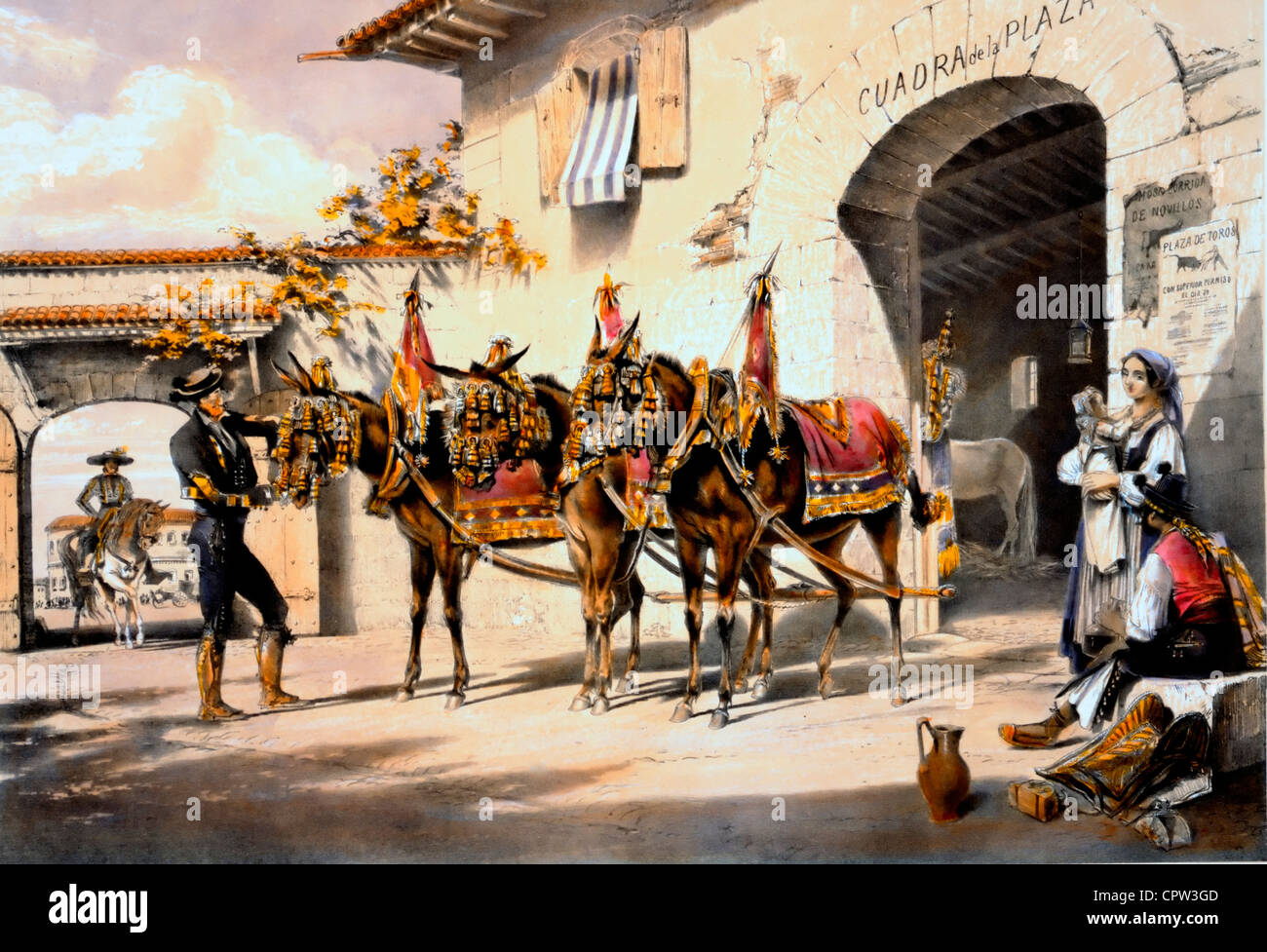 Muli della Plaza de Toros tre muli, decorate per la corrida di fasto, in piedi fuori l'Ingresso al Plaza. 1865 Foto Stock