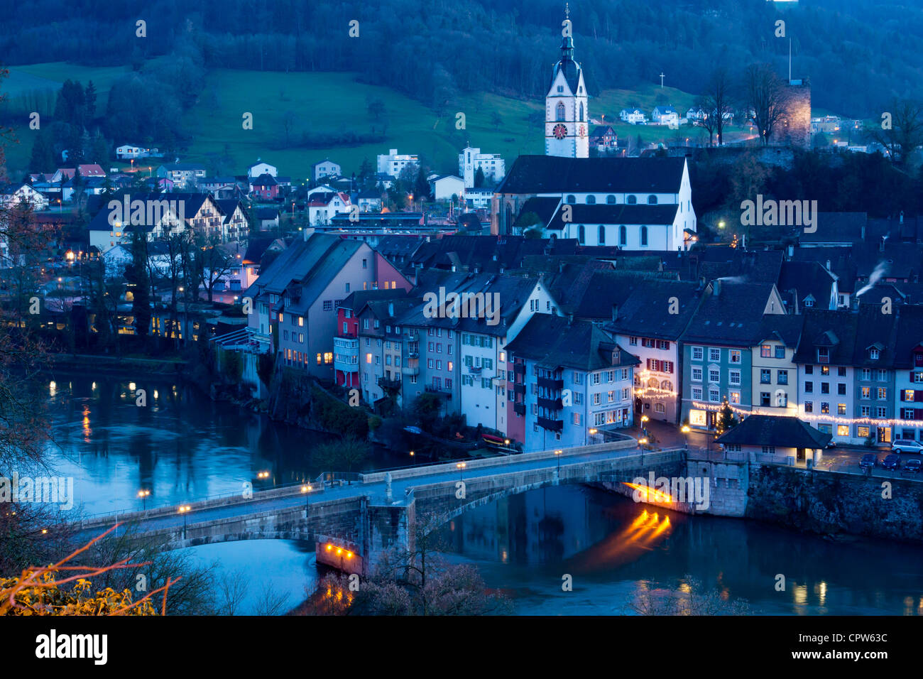 Laufenburg di notte, Svizzera Canton Argovia, Alto Reno, Svizzera, Europa Foto Stock