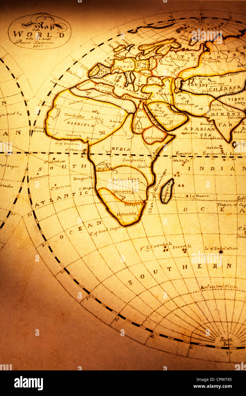 Una parte della vecchia mappa del mondo, mostrando l'Europa, Africa e parte dell'Asia. Foto Stock